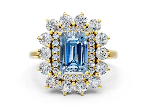Yellow gold Fancy Blue Emerald Cut Halo Cluster Diamond Ring with Pave Band and Four-Prong Setting_12