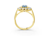 Yellow gold Fancy Blue Emerald Cut Halo Cluster Diamond Ring with Pave Band and Four-Prong Setting_15