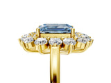 Yellow gold Fancy Blue Emerald Cut Halo Cluster Diamond Ring with Pave Band and Four-Prong Setting_17