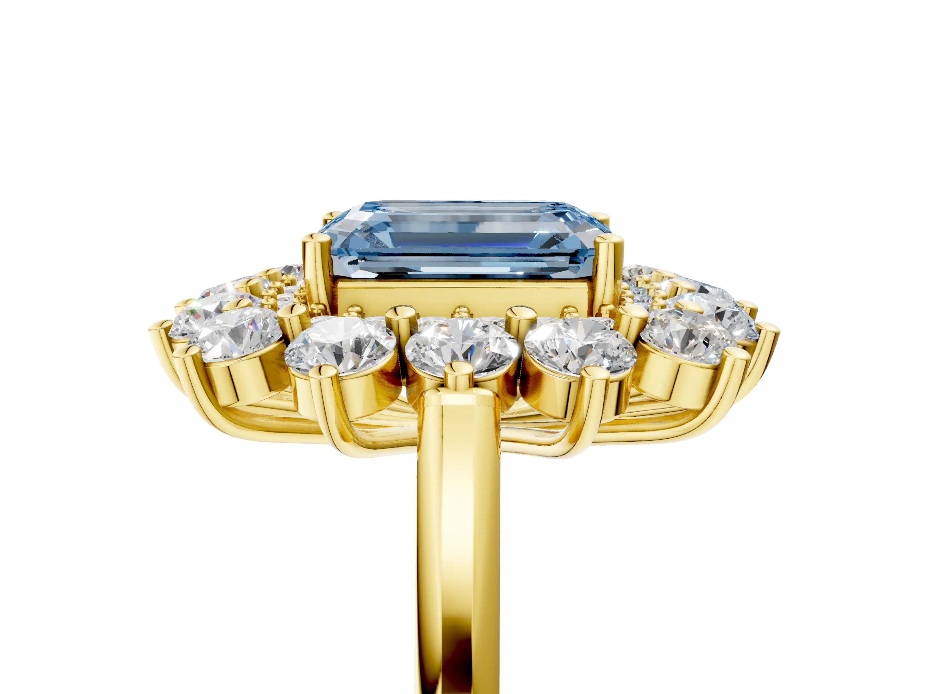 Yellow gold Fancy Blue Emerald Cut Halo Cluster Diamond Ring with Pave Band and Four-Prong Setting_5