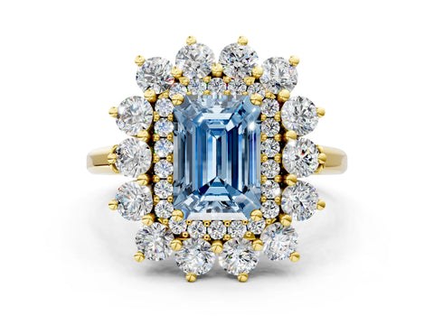 Yellow gold Fancy Blue Emerald Cut Halo Cluster Diamond Ring with Pave Band and Four-Prong Setting