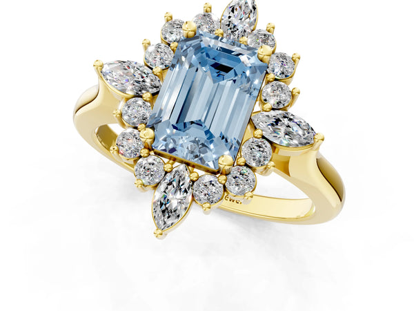 Yellow gold Fancy Blue Emerald Cut Halo Diamond Cluster Ring with Marquise and Round Stones on a White Gold Band with Prong Setting