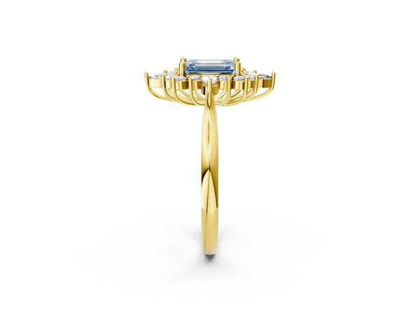 Yellow gold Fancy Blue Emerald Cut Halo Diamond Cluster Ring with Marquise and Round Stones on a White Gold Band with Prong Setting