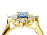Yellow gold Fancy Blue Emerald Cut Halo Diamond Cluster Ring with Marquise and Round Stones on a White Gold Band with Prong Setting_4