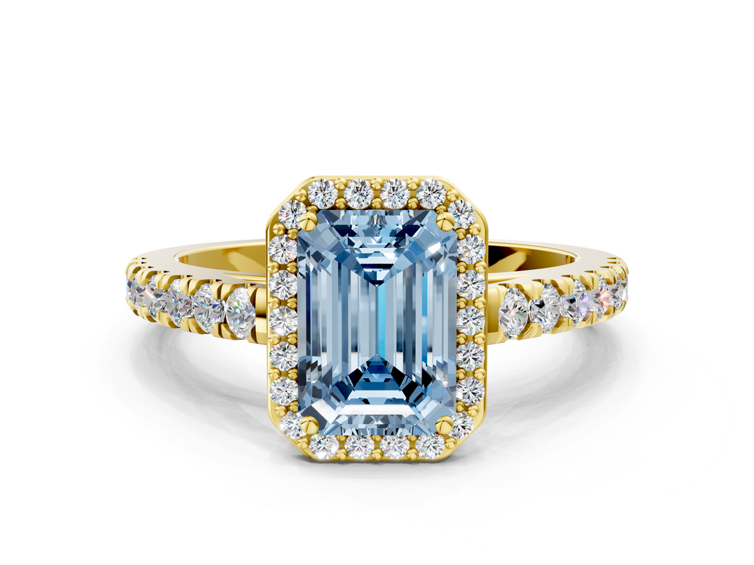 Yellow gold Fancy Blue Emerald  Cut Halo Diamond Engagement Ring with Pave Band and Four-Prong Setting_28