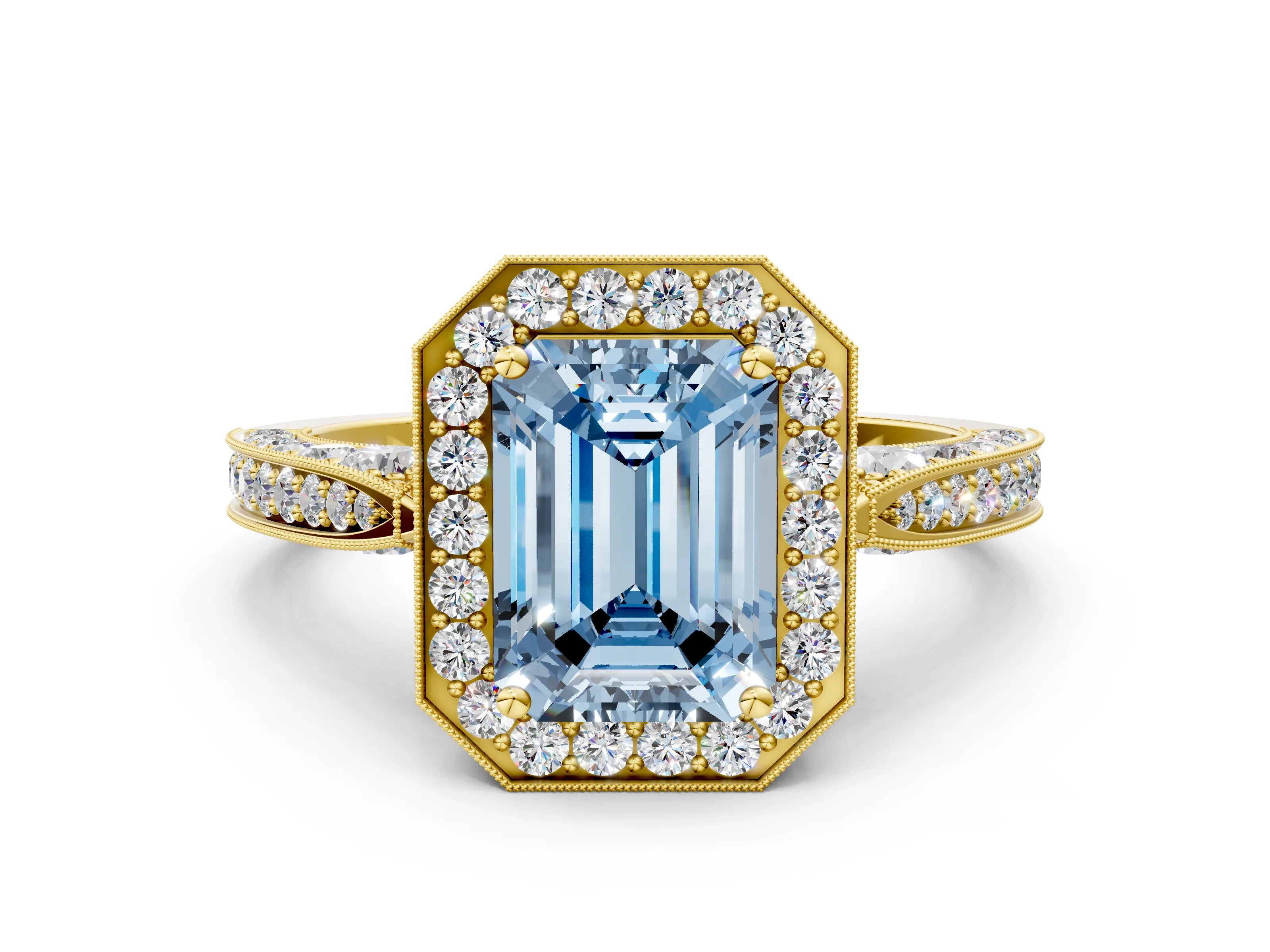 Yellow gold Fancy Blue Emerald Cut Halo Diamond Engagement Ring with Split Shank Band and Four-Prong Setting