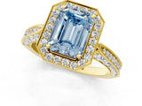 Yellow gold Fancy Blue Emerald Cut Halo Diamond Engagement Ring with Split Shank Band and Four-Prong Setting_1