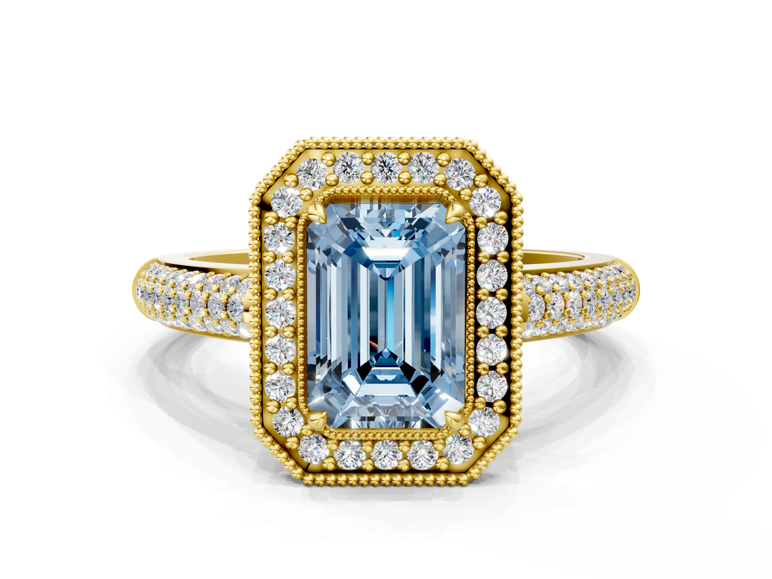 Yellow gold Fancy Blue Emerald  Cut Halo Diamond Pave Band with Four-Prong Setting_37