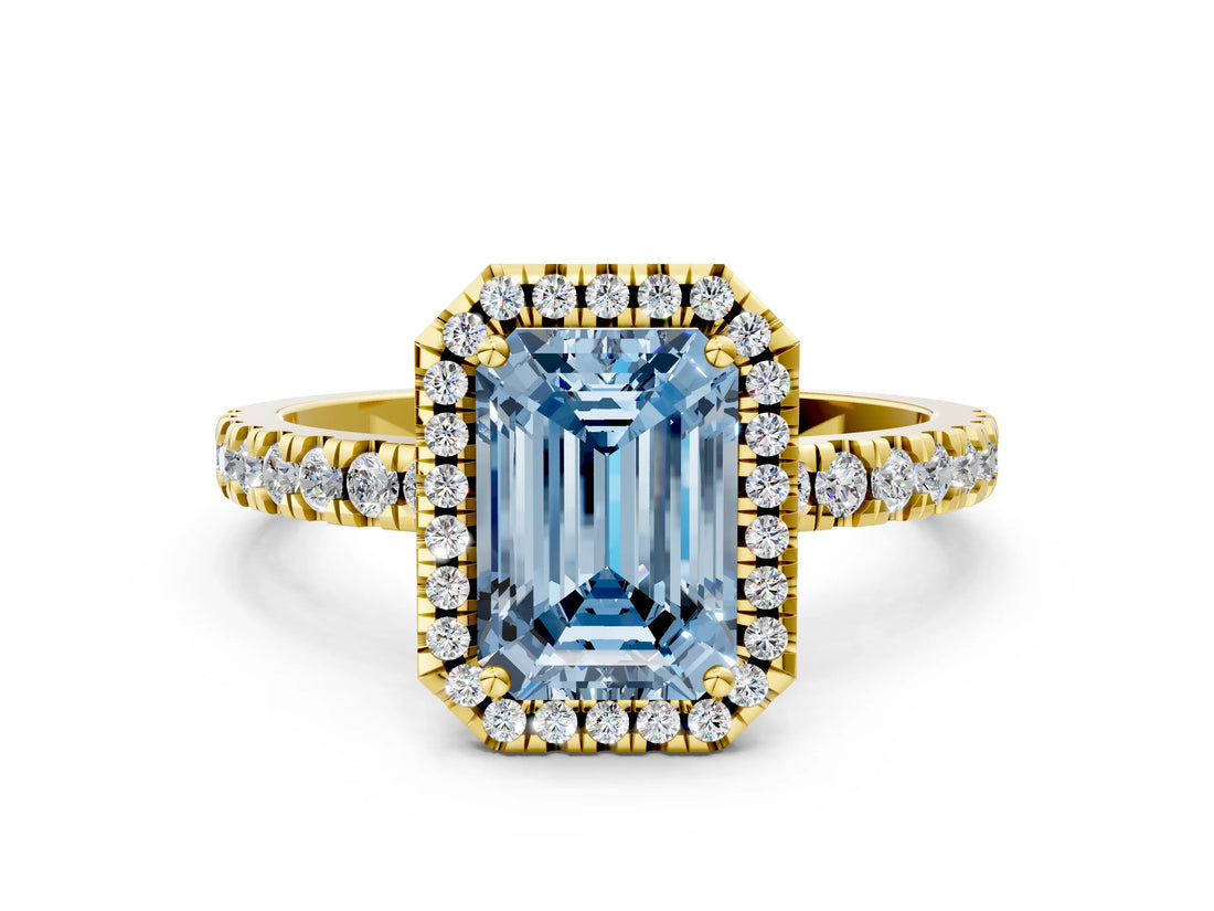 Yellow gold Fancy Blue Emerald Cut Halo Diamond Pave Band with Prong Setting
