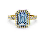 Yellow gold Fancy Blue Emerald Cut Halo Diamond Pave Band with Prong Setting