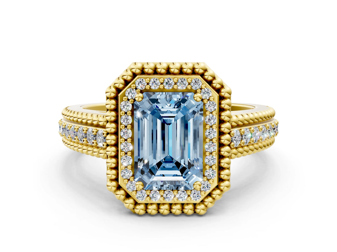 Yellow gold Fancy Blue Emerald Cut Halo Diamond Ring with Beaded Split Shank and Four-Prong Setting