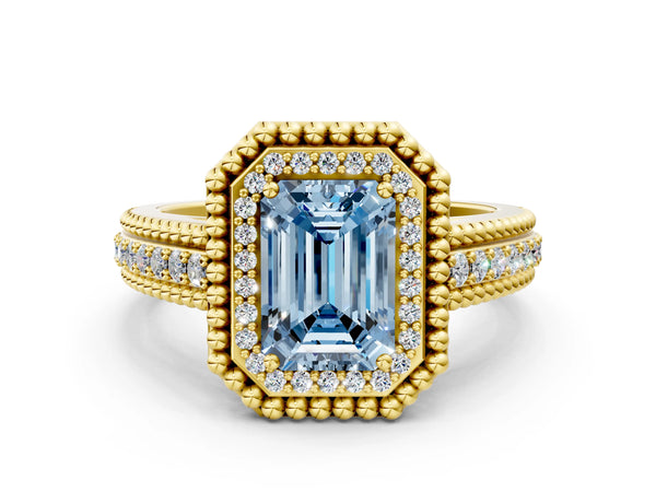 Yellow Gold Emerald Cut Beaded Halo Engagement Ring Setting for Fancy Blue Center with Pave
