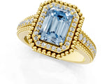 Yellow gold Fancy Blue Emerald Cut Halo Diamond Ring with Beaded Split Shank and Four-Prong Setting_1