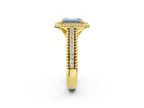 Yellow gold Fancy Blue Emerald Cut Halo Diamond Ring with Beaded Split Shank and Four-Prong Setting_2