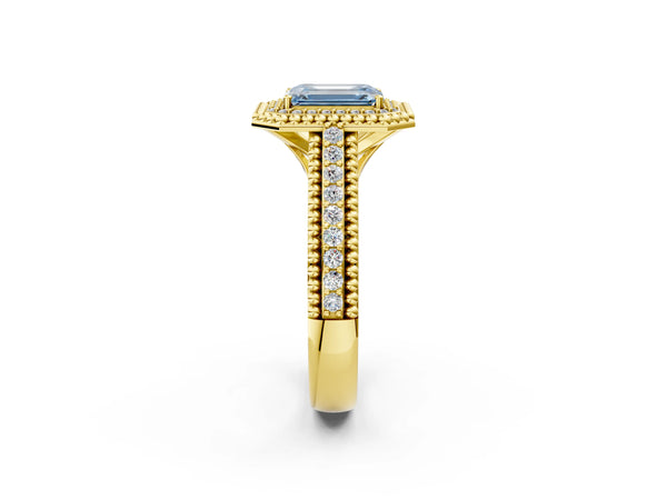 Yellow Gold Emerald Cut Beaded Halo Engagement Ring Setting for Fancy Blue Center with Pave