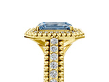 Yellow gold Fancy Blue Emerald Cut Halo Diamond Ring with Beaded Split Shank and Four-Prong Setting_5