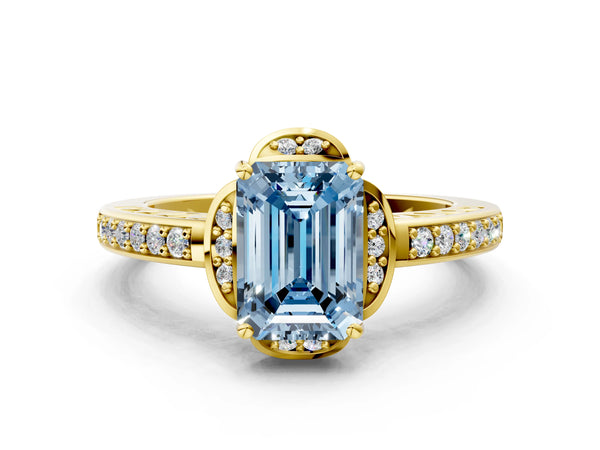 Yellow gold Fancy Blue Emerald  Cut Halo Diamond Ring with Channel Set Band and Four-Prong Setting