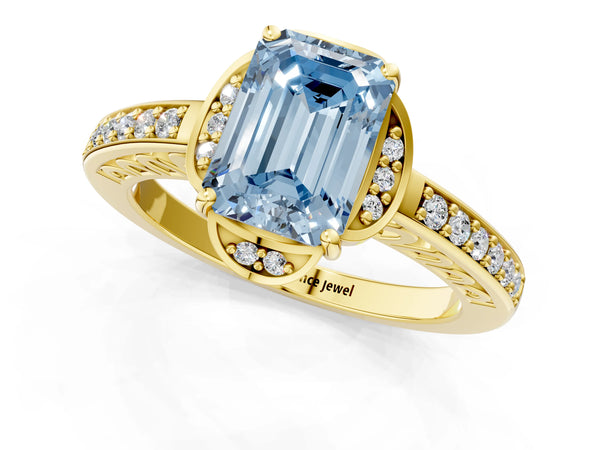 Yellow gold Fancy Blue Emerald  Cut Halo Diamond Ring with Channel Set Band and Four-Prong Setting