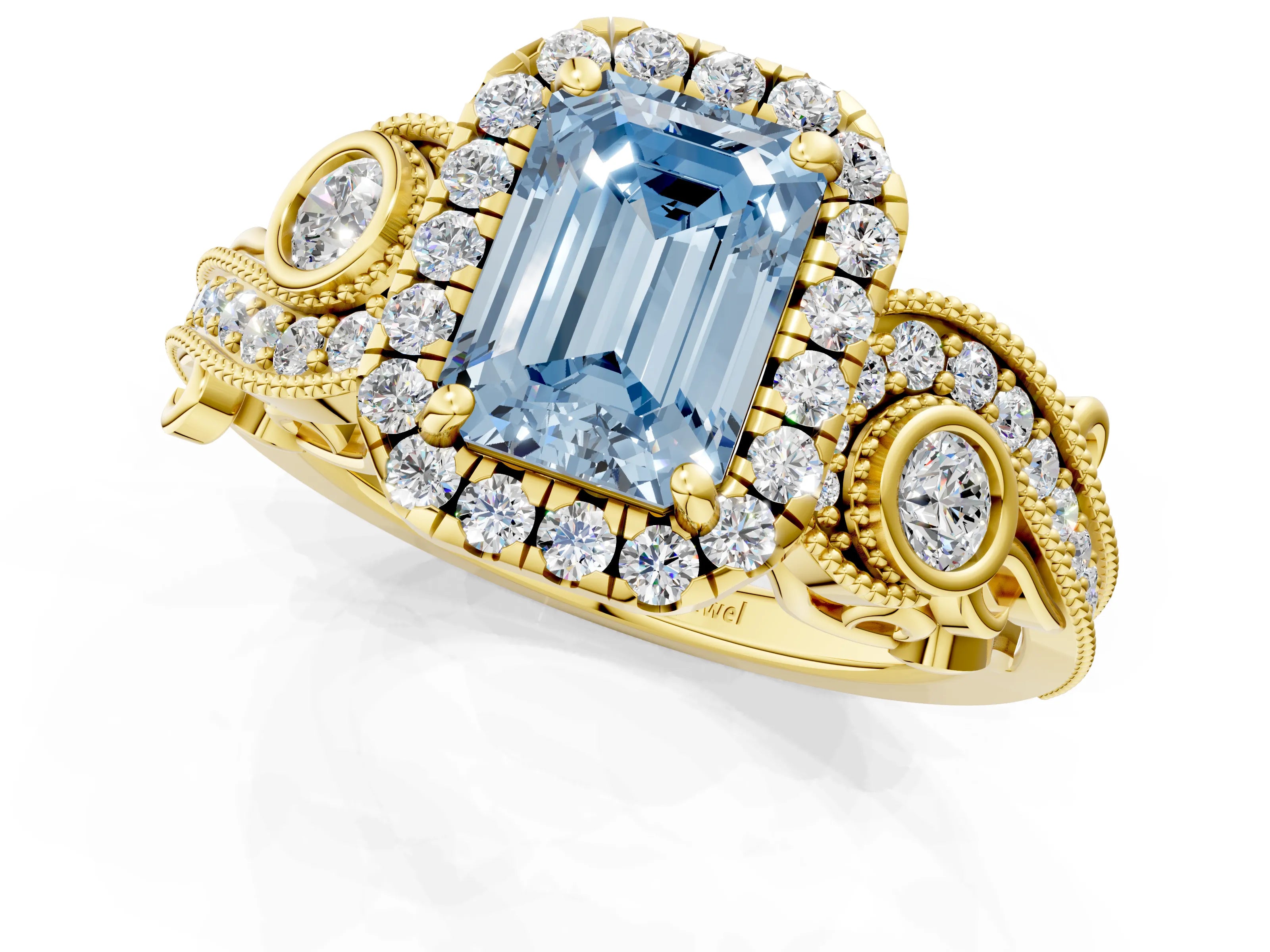 Yellow gold Fancy Blue Emerald Cut Halo Diamond Ring with Milgrain and Bezel Accents on a Split Shank Band_1