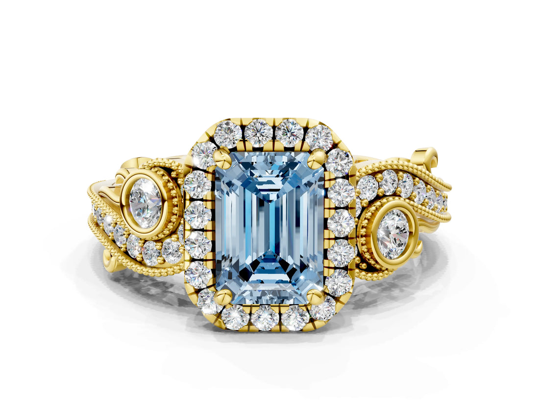 Yellow gold Fancy Blue Emerald Cut Halo Diamond Ring with Milgrain and Bezel Accents on a Split Shank Band_12