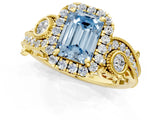 Yellow gold Fancy Blue Emerald Cut Halo Diamond Ring with Milgrain and Bezel Accents on a Split Shank Band_13