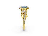 Yellow gold Fancy Blue Emerald Cut Halo Diamond Ring with Milgrain and Bezel Accents on a Split Shank Band_14