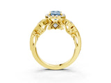 Yellow gold Fancy Blue Emerald Cut Halo Diamond Ring with Milgrain and Bezel Accents on a Split Shank Band_15