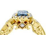 Yellow gold Fancy Blue Emerald Cut Halo Diamond Ring with Milgrain and Bezel Accents on a Split Shank Band_16