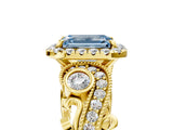 Yellow gold Fancy Blue Emerald Cut Halo Diamond Ring with Milgrain and Bezel Accents on a Split Shank Band_17