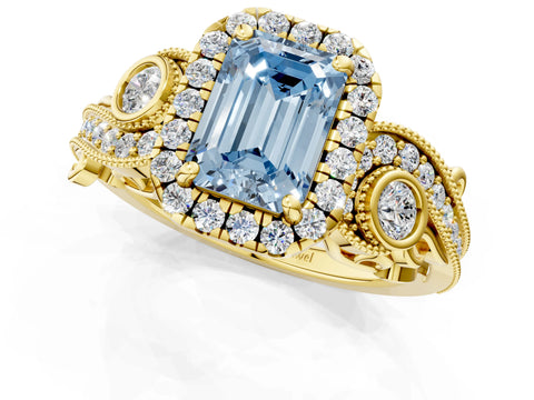 Yellow gold Fancy Blue Emerald Cut Halo Diamond Ring with Milgrain and Bezel Accents on a Split Shank Band_1