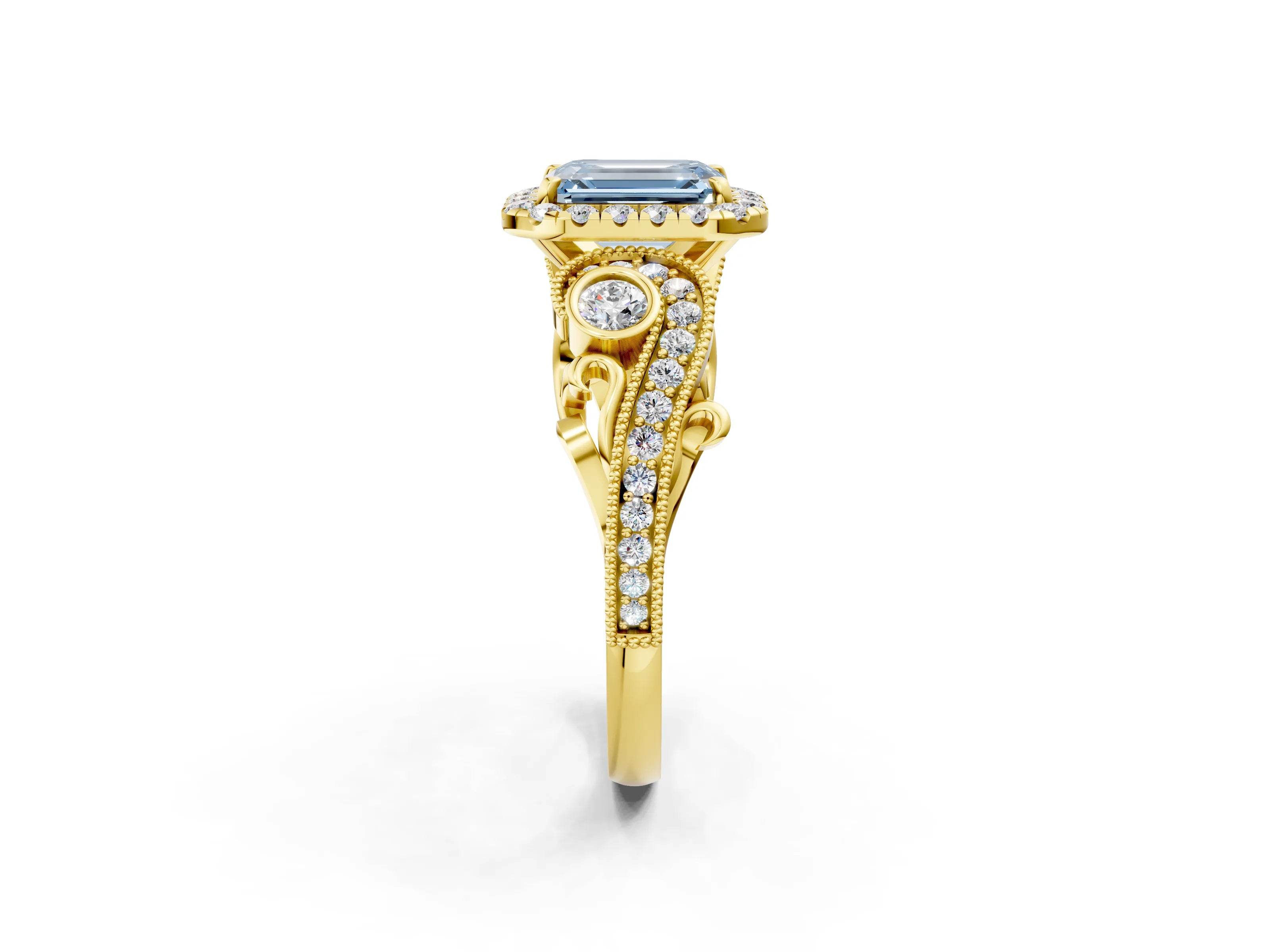 Yellow gold Fancy Blue Emerald Cut Halo Diamond Ring with Milgrain and Bezel Accents on a Split Shank Band_2