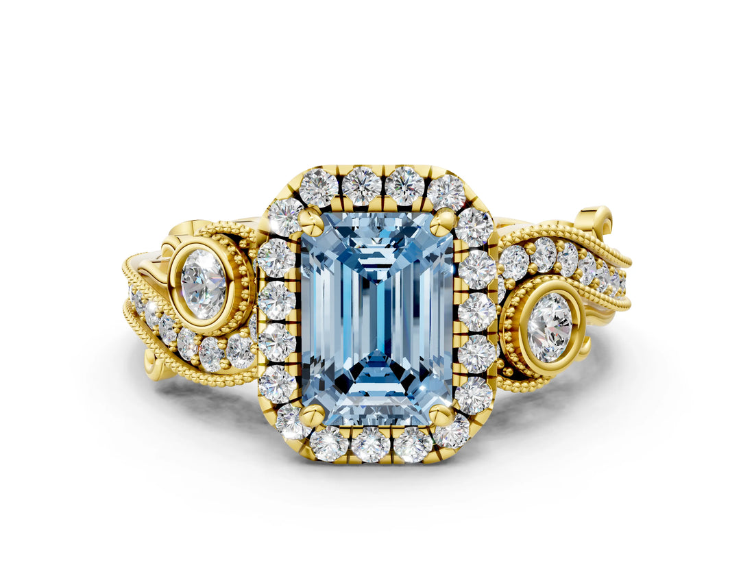 Yellow gold Fancy Blue Emerald Cut Halo Diamond Ring with Milgrain and Bezel Accents on a Split Shank Band_24