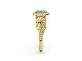 Yellow gold Fancy Blue Emerald Cut Halo Diamond Ring with Milgrain and Bezel Accents on a Split Shank Band_26