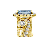 Yellow gold Fancy Blue Emerald Cut Halo Diamond Ring with Milgrain and Bezel Accents on a Split Shank Band_29