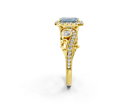Yellow gold Fancy Blue Emerald Cut Halo Diamond Ring with Milgrain and Bezel Accents on a Split Shank Band_2