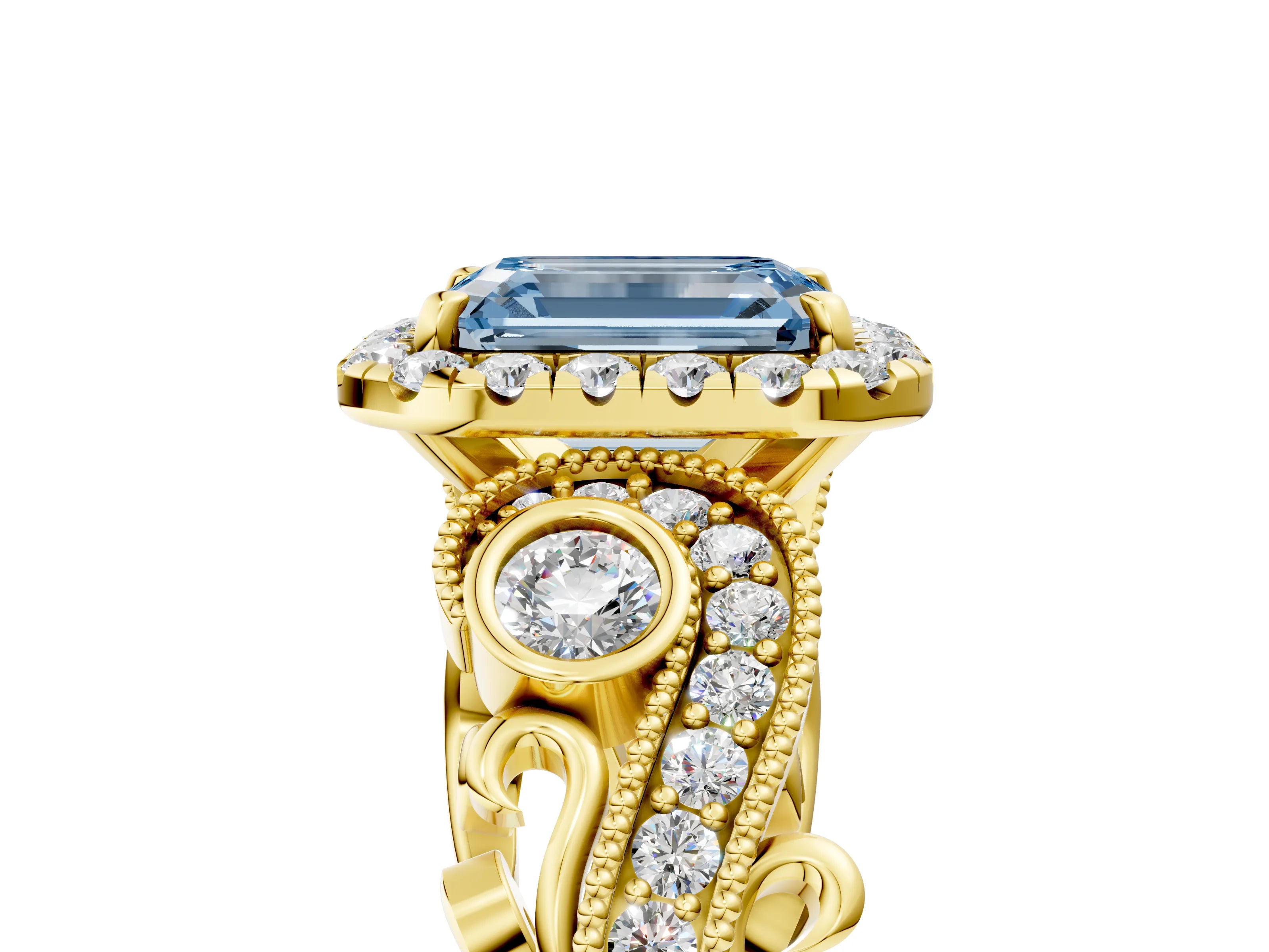 Yellow gold Fancy Blue Emerald Cut Halo Diamond Ring with Milgrain and Bezel Accents on a Split Shank Band_5