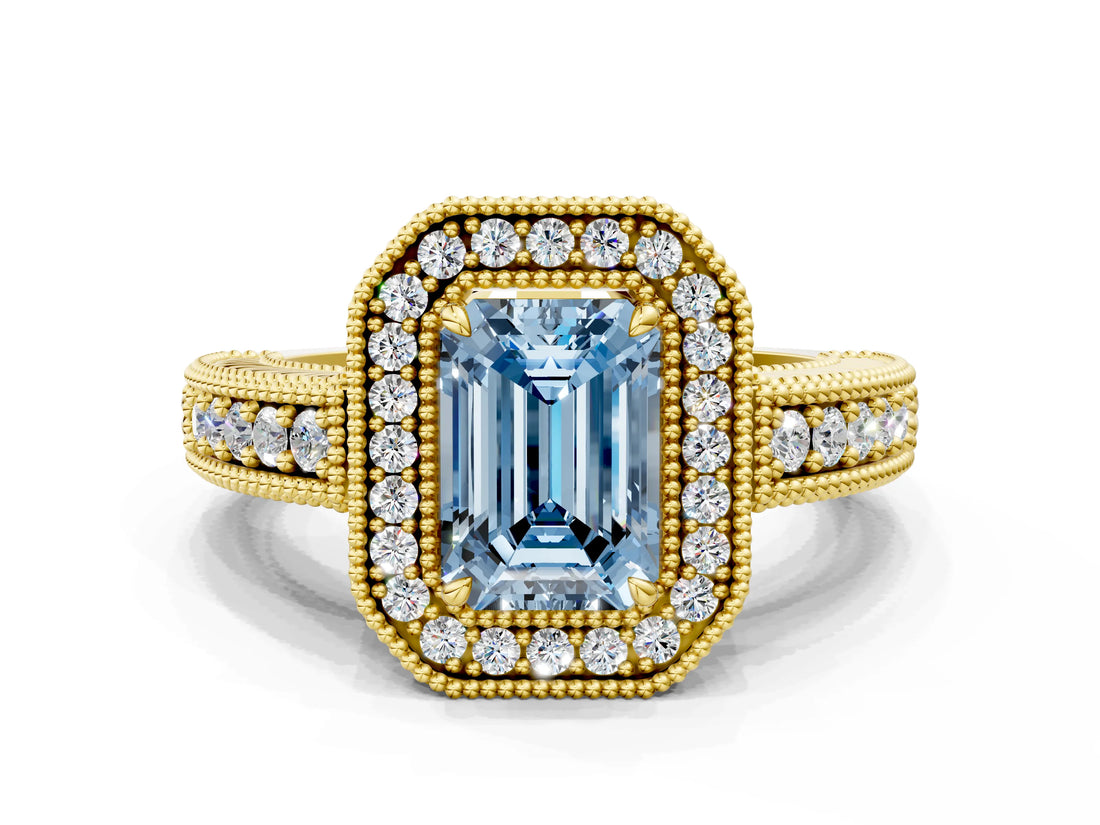 Yellow gold Fancy Blue Emerald  Cut Halo Diamond Ring with Pavé Band and Four-Prong Setting_69