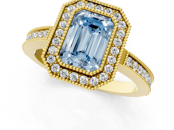 Yellow gold Fancy Blue Emerald  Cut Halo Diamond Ring with Pavé Band and Milgrain Prong Setting