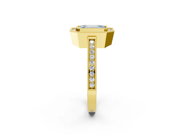 Yellow gold Fancy Blue Emerald  Cut Halo Diamond Ring with Pavé Band and Milgrain Prong Setting