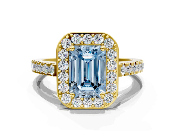 Yellow gold Fancy Blue Emerald Cut Halo Diamond Ring with Pavé Band and Three-Prong Setting