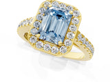 Yellow gold Fancy Blue Emerald Cut Halo Diamond Ring with Pavé Band and Three-Prong Setting_1