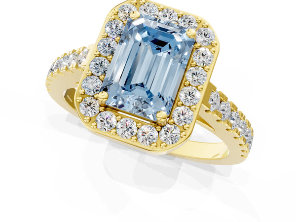 Yellow gold Fancy Blue Emerald Cut Halo Diamond Ring with Pavé Band and Three-Prong Setting