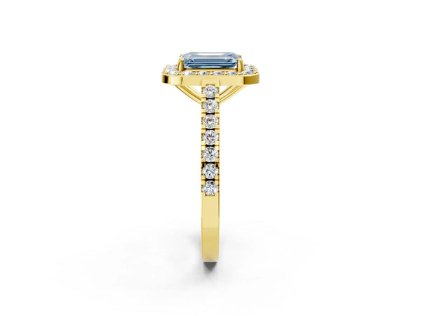 Yellow gold Fancy Blue Emerald Cut Halo Diamond Ring with Pavé Band and Three-Prong Setting