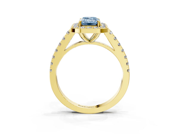 Yellow gold Fancy Blue Emerald Cut Halo Diamond Ring with Pavé Band and Three-Prong Setting