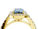 Yellow gold Fancy Blue Emerald Cut Halo Diamond Ring with Pavé Band and Three-Prong Setting_4