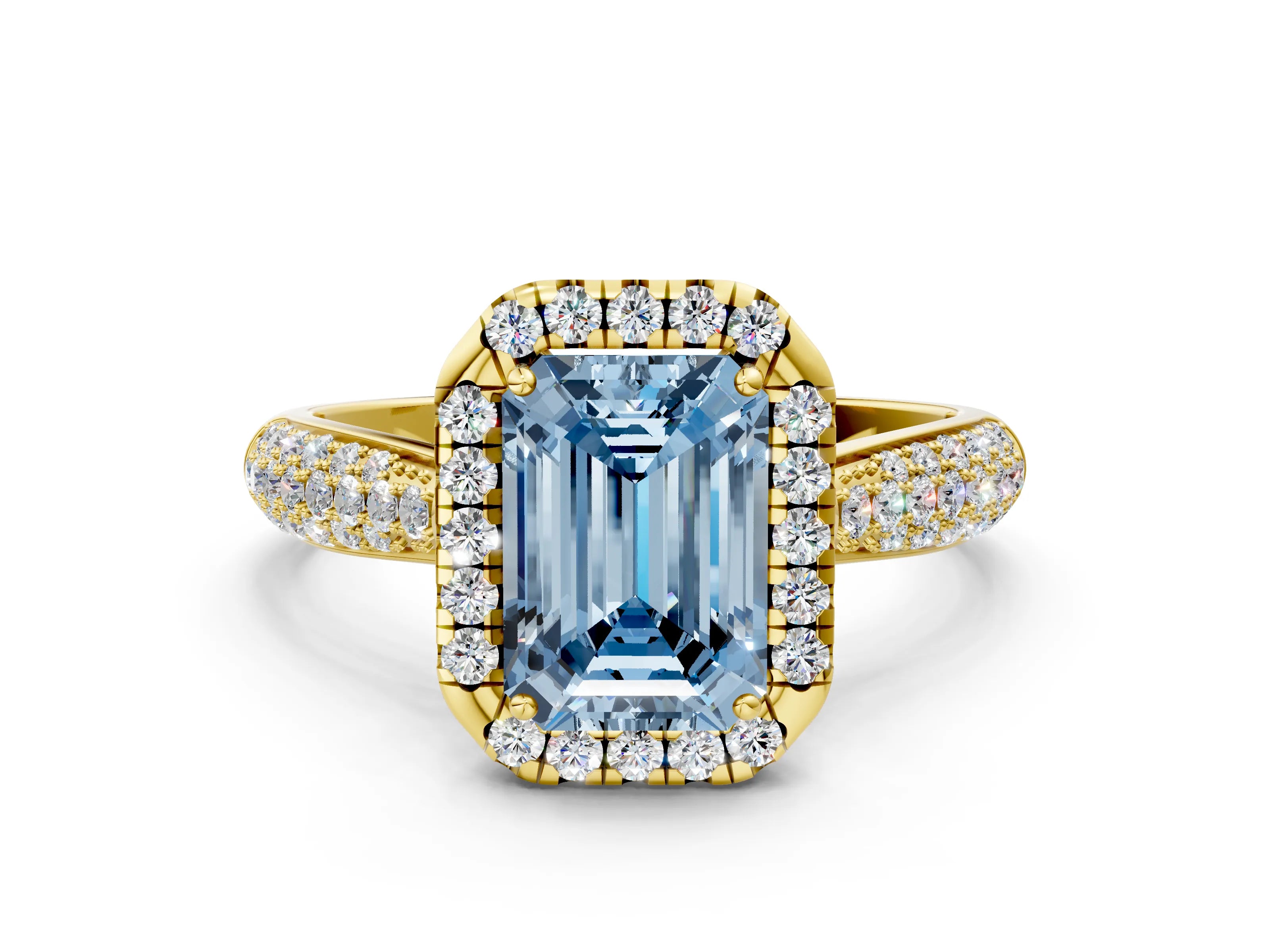 Yellow gold Fancy Blue Emerald Cut Halo Diamond Ring with Pavé Band