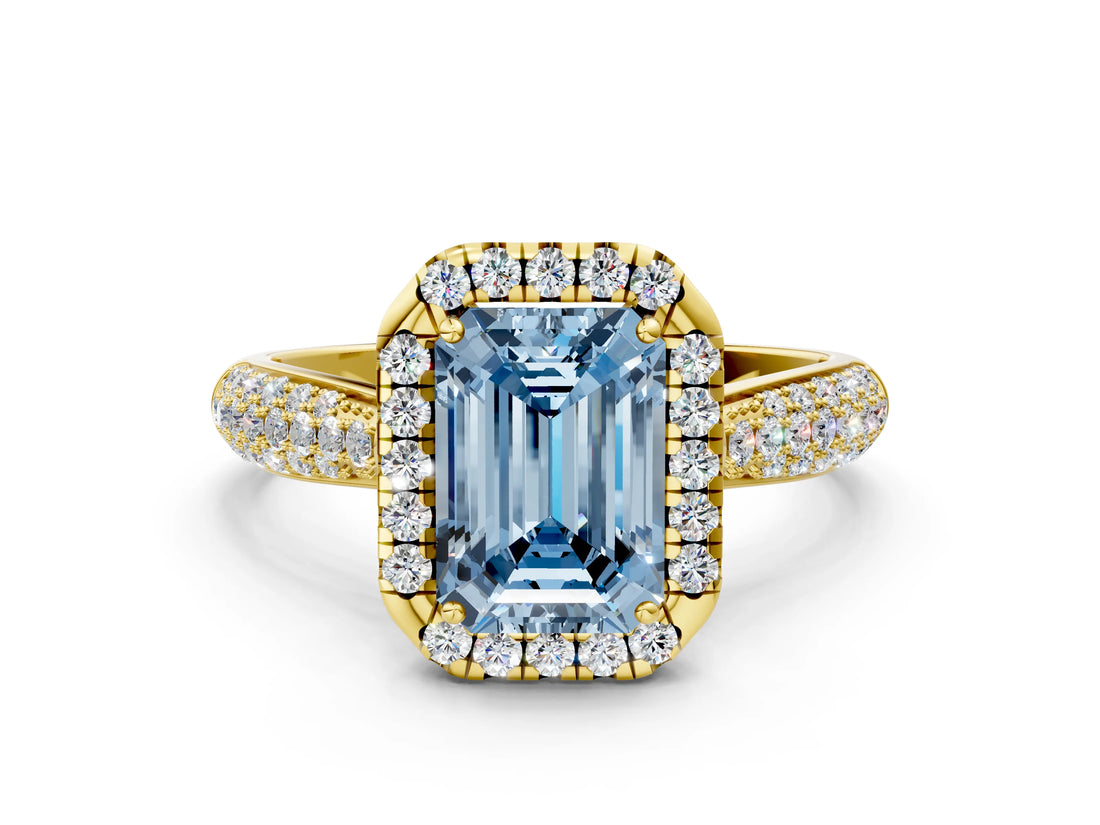 Yellow gold Fancy Blue Emerald Cut Halo Diamond Ring with Pavé Band