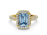 Yellow gold Fancy Blue Emerald Cut Halo Diamond Ring with Pavé Band