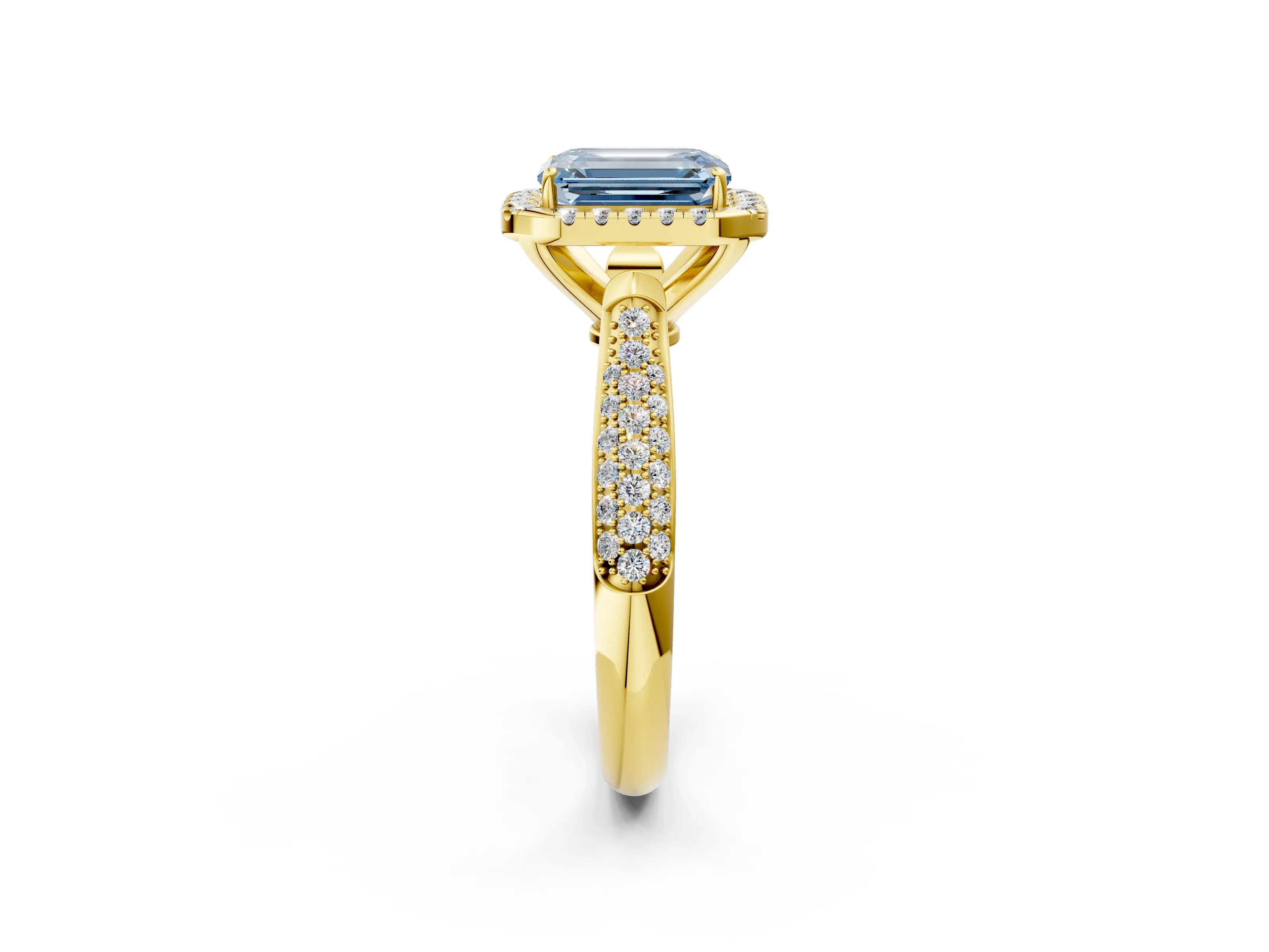Yellow gold Fancy Blue Emerald Cut Halo Diamond Ring with Pavé Band_2