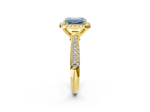 Yellow gold Fancy Blue Emerald Cut Halo Diamond Ring with Pavé Band_2